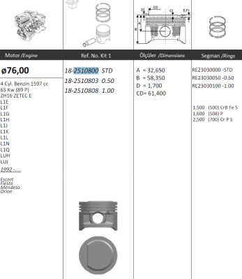1.6 ZETEC-E d 76.0 std (к-т 4 шт.)
