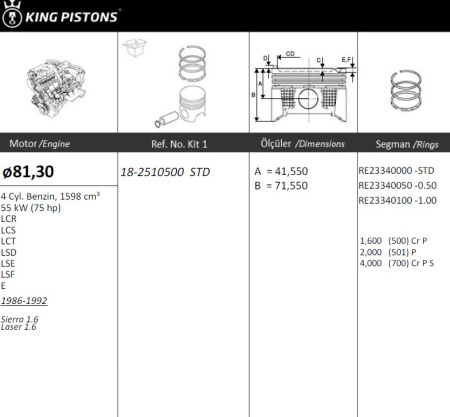 1.6 OHC Eco 1984-1992 d 81.3 std (6176511, 84HM 6102 AB)